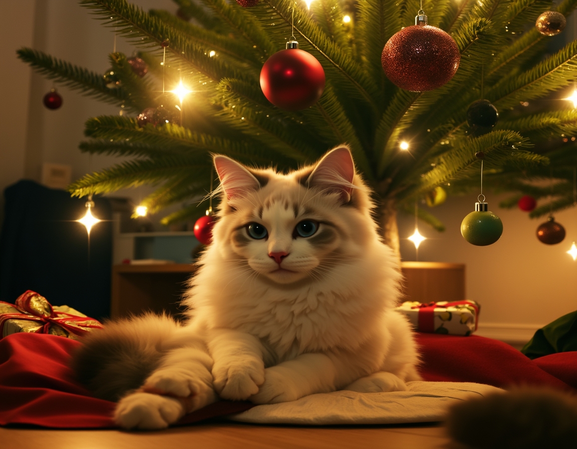 Cat sitting under a beautifully decorated Christmas tree, surrounded by twinkling lights, ornaments, and wrapped presents, with a warm, cozy glow.